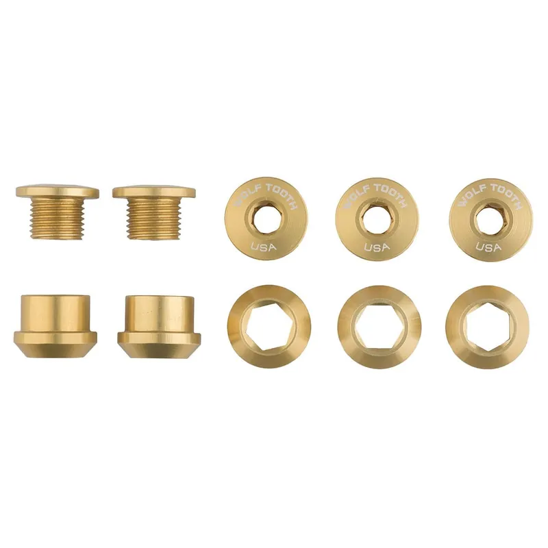 5 M8x6 mm WOLF TOOTH 1X Juego de tornillos y contratuercas para platos y bielas Gold