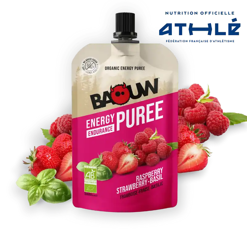 BAOUW Receta ecológica de puré energético con frambuesa/frambuesa/fruta de albahaca (90g)