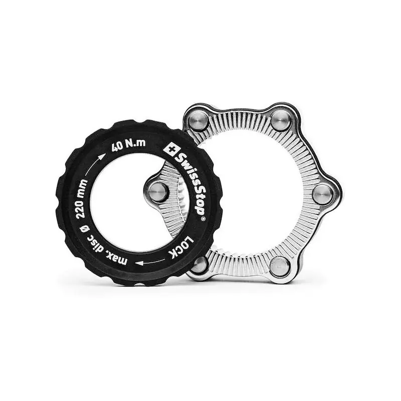 Adaptador SwissStop Freno Disco 6 Agujeros Centerlock Negro/Plata